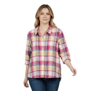 Talbots Irish Linen Blend Button Up Shirt Pastel Plaid 3/4 Sleeve Beachy Classic